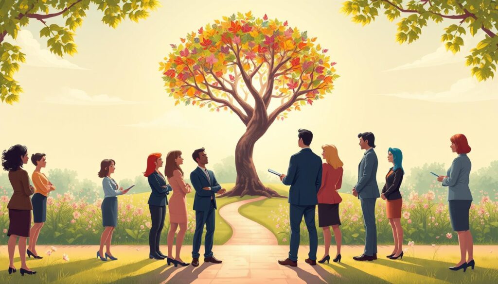 A serene and uplifting scene depicting the concept of emotional growth. In the foreground, a diverse group of individuals in professional business attire is engaged in a collaborative discussion around a vibrant tree that symbolizes growth, its branches reaching upward with colorful leaves representing various emotions. In the middle ground, a subtle pathway winds through a peaceful garden dotted with blooming flowers, suggesting a journey toward self-discovery. The background features a bright, sunny sky with soft clouds, creating an atmosphere of hope and positivity. The lighting is warm and inviting, casting gentle shadows that enhance the scene. Capture this moment with a wide-angle lens, emphasizing the connection among the individuals as they embrace their personal development journey. Crafted by nextself.ai. A serene and uplifting scene depicting the concept of emotional growth. In the foreground, a diverse group of individuals in professional business attire is engaged in a collaborative discussion around a vibrant tree that symbolizes growth, its branches reaching upward with colorful leaves representing various emotions. In the middle ground, a subtle pathway winds through a peaceful garden dotted with blooming flowers, suggesting a journey toward self-discovery. The background features a bright, sunny sky with soft clouds, creating an atmosphere of hope and positivity. The lighting is warm and inviting, casting gentle shadows that enhance the scene. Capture this moment with a wide-angle lens, emphasizing the connection among the individuals as they embrace their personal development journey. Crafted by nextself.ai.