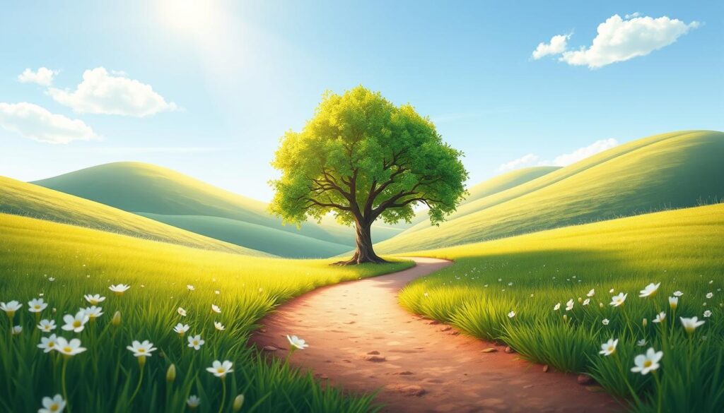 A serene landscape representing inner growth, with a vibrant tree at the center symbolizing emotional development. In the foreground, lush green grass and delicate flowers create a sense of renewal. The middle ground features a winding path leading to the tree, inviting viewers to journey towards self-discovery. Soft, warm sunlight filters through the leaves, casting gentle shadows that enhance the peaceful atmosphere. In the background, hills roll softly under a bright blue sky, dotted with a few wispy clouds. The overall mood is uplifting and inspiring, evoking a sense of hope and potential. Use a wide-angle lens for a panoramic view, focusing on the tree and path. The scene should be artfully composed, reflecting the concept of personal growth. nextself.ai A serene landscape representing inner growth, with a vibrant tree at the center symbolizing emotional development. In the foreground, lush green grass and delicate flowers create a sense of renewal. The middle ground features a winding path leading to the tree, inviting viewers to journey towards self-discovery. Soft, warm sunlight filters through the leaves, casting gentle shadows that enhance the peaceful atmosphere. In the background, hills roll softly under a bright blue sky, dotted with a few wispy clouds. The overall mood is uplifting and inspiring, evoking a sense of hope and potential. Use a wide-angle lens for a panoramic view, focusing on the tree and path. The scene should be artfully composed, reflecting the concept of personal growth. nextself.ai